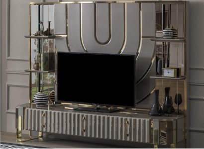 TV stand TV-cabinet Lowboard Sideboard Living room Gold Gray Luxury Wood new